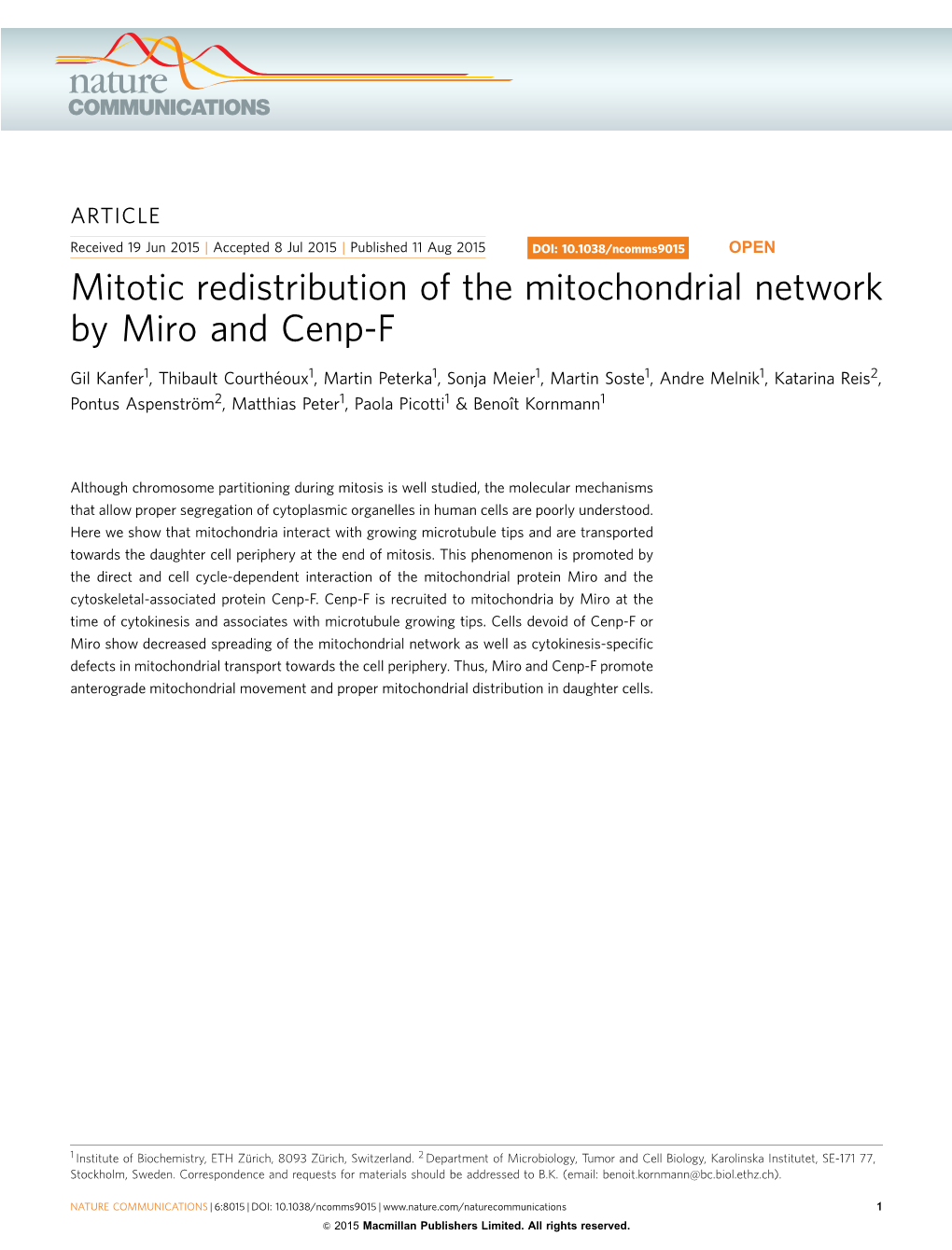 Mitotic Redistribution of the Mitochondrial Network by Miro and Cenp-F