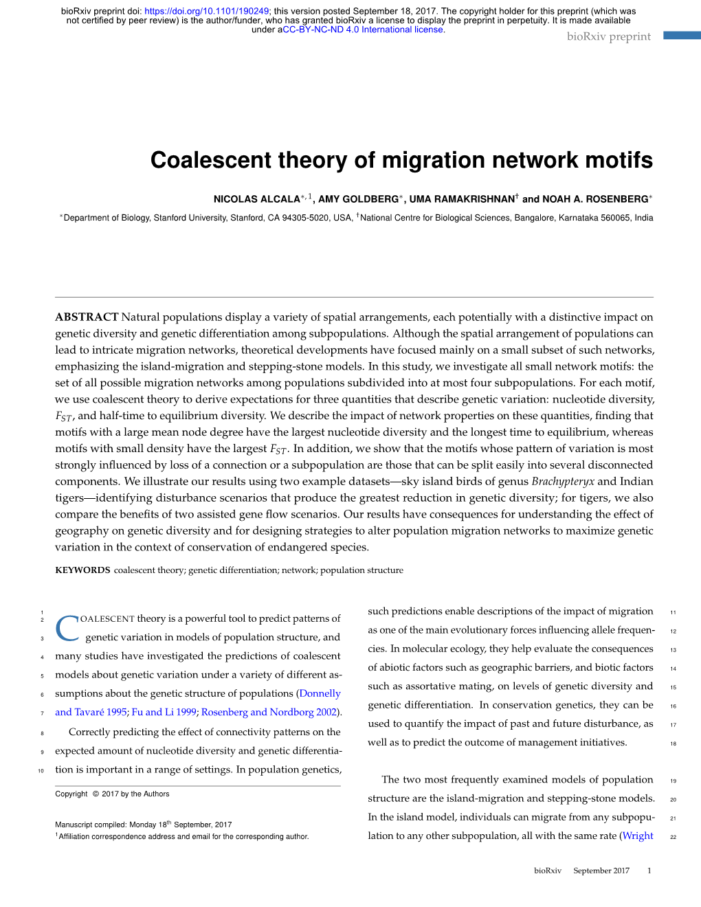 Coalescent Theory of Migration Network Motifs