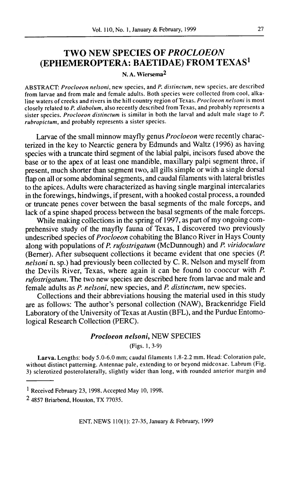 Two New Species of Procloeon (Ephemeroptera: Baetidae) from Texas 1 N