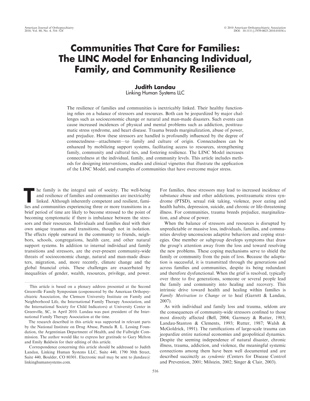 The LINC Model for Enhancing Individual, Family, and Community Resilience