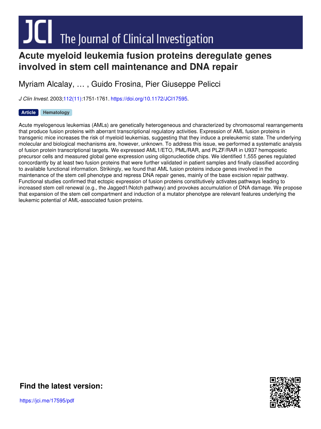 Acute Myeloid Leukemia Fusion Proteins Deregulate Genes Involved in Stem Cell Maintenance and DNA Repair