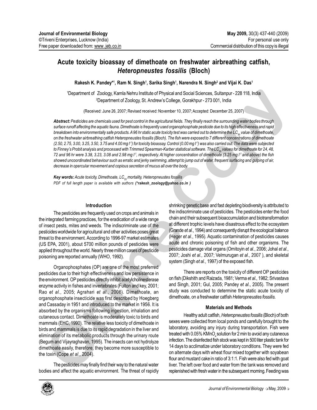 Acute Toxicity Bioassay of Dimethoate on Freshwater Airbreathing Catfish, Heteropneustes Fossilis (Bloch)