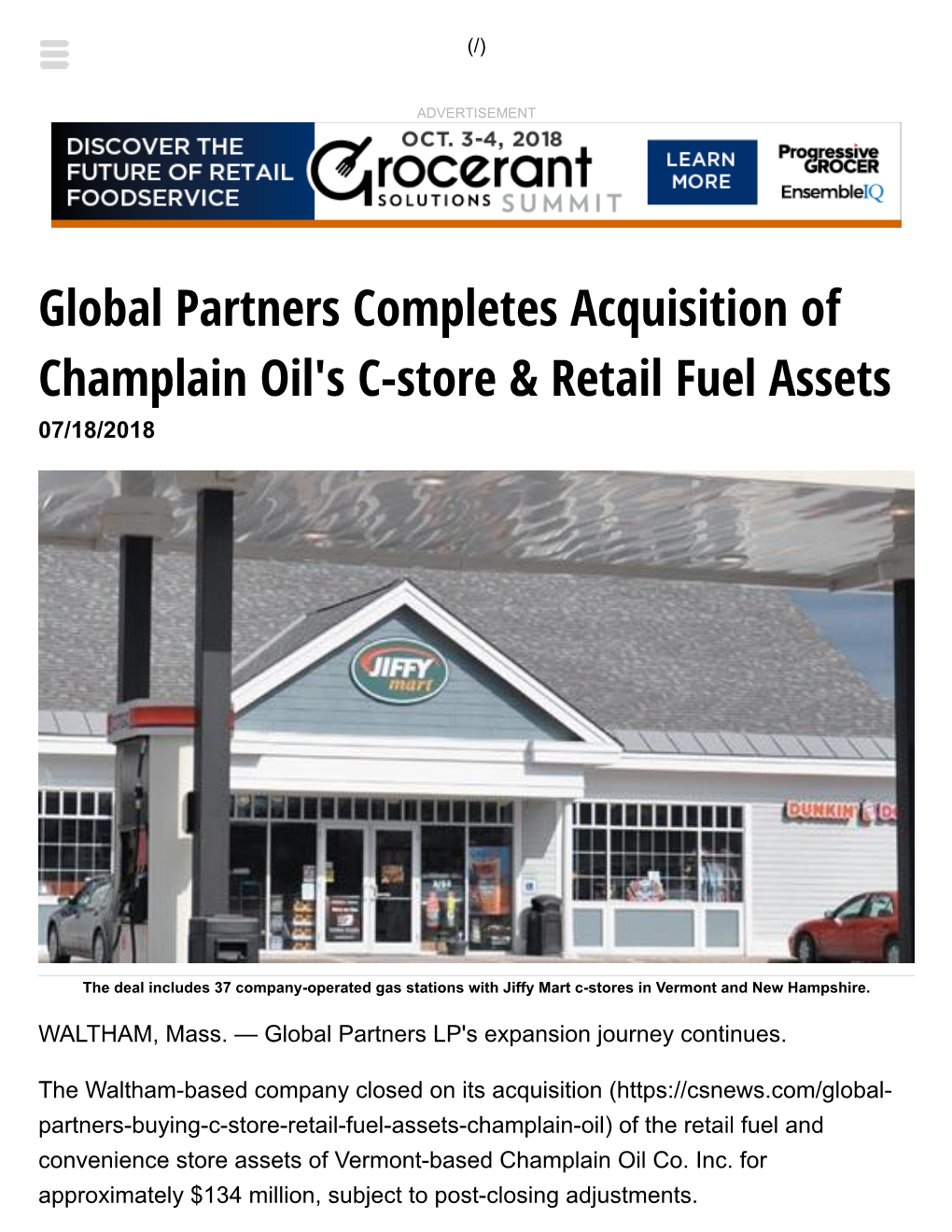 Global Partners Completes Acquisition of Champlain Oil's C-Store & Retail Fuel Assets 07/18/2018