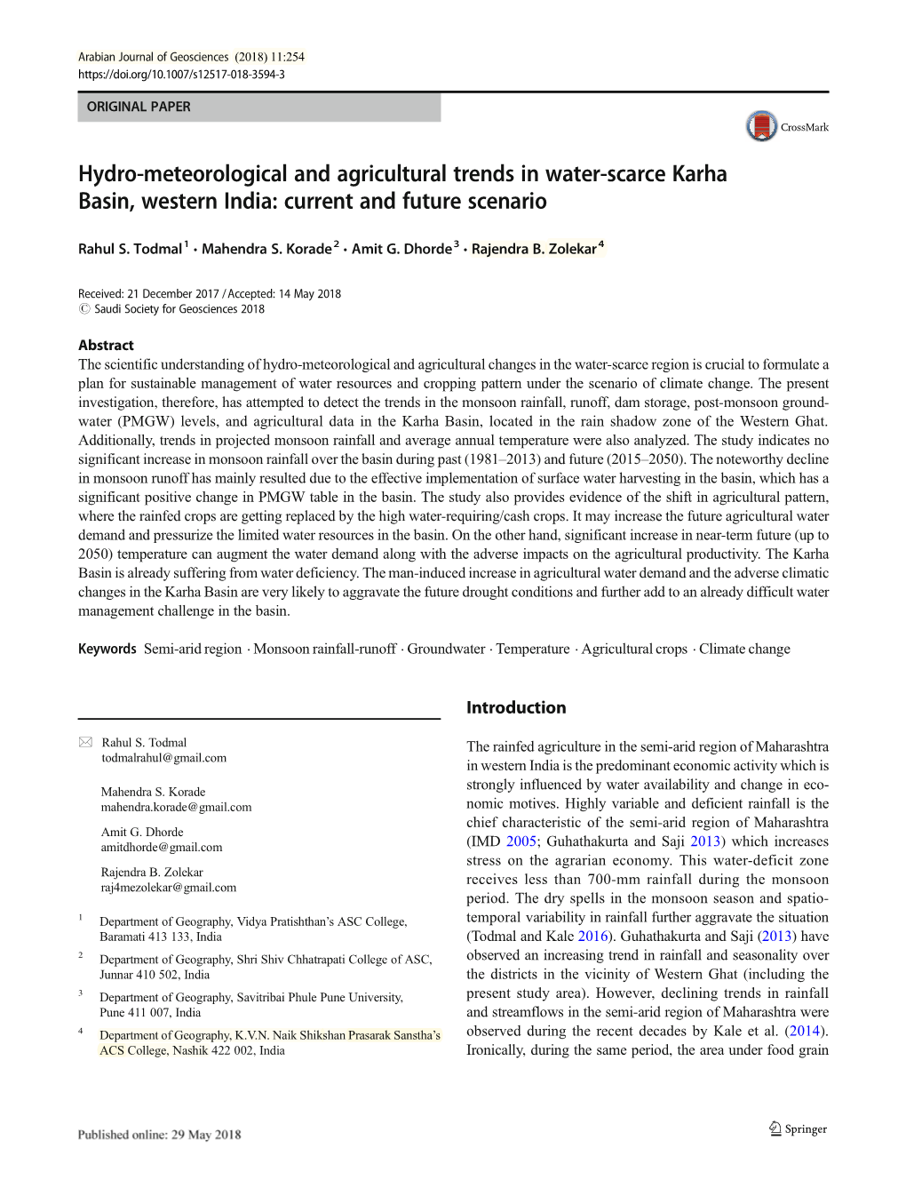 Hydro-Meteorological and Agricultural Trends in Water-Scarce Karha Basin, Western India: Current and Future Scenario