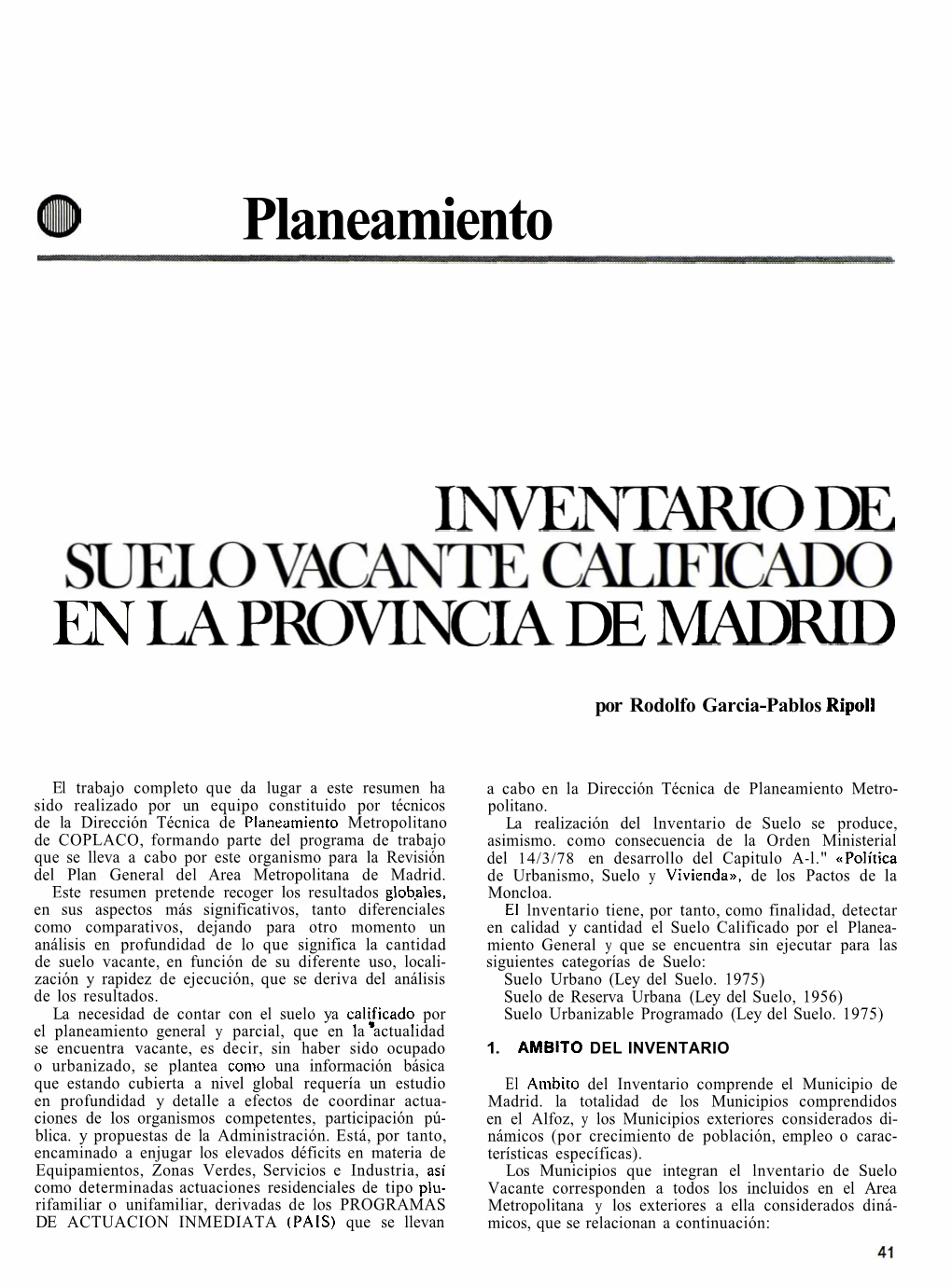 Inventario De Suelo Vacante Calificado En La Provincia De Madrid