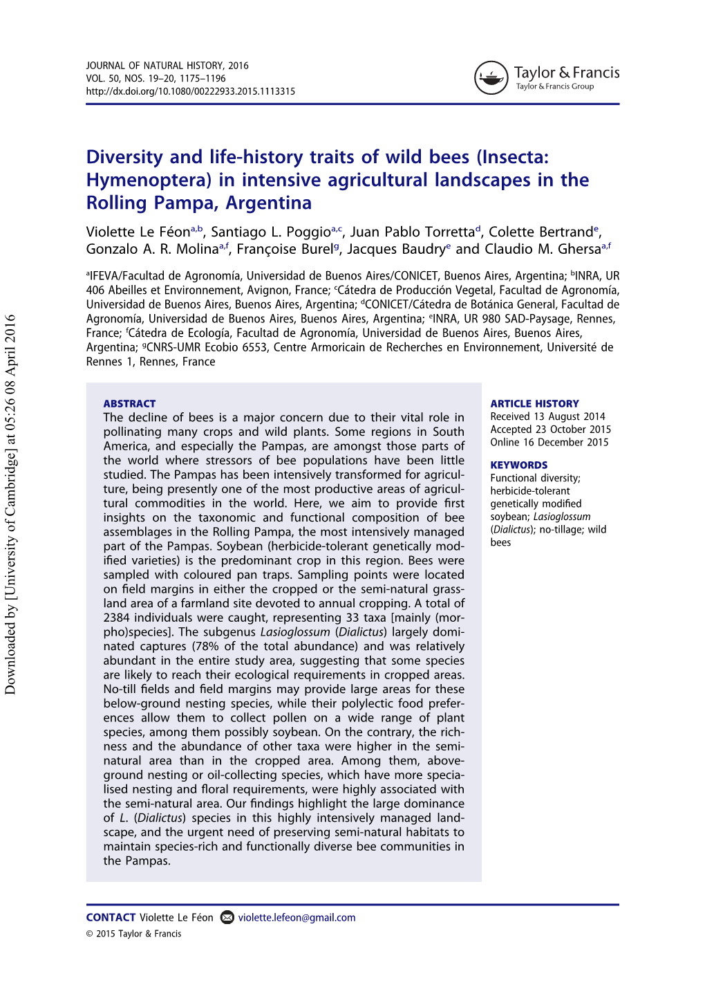 Diversity and Life-History Traits of Wild Bees (Insecta