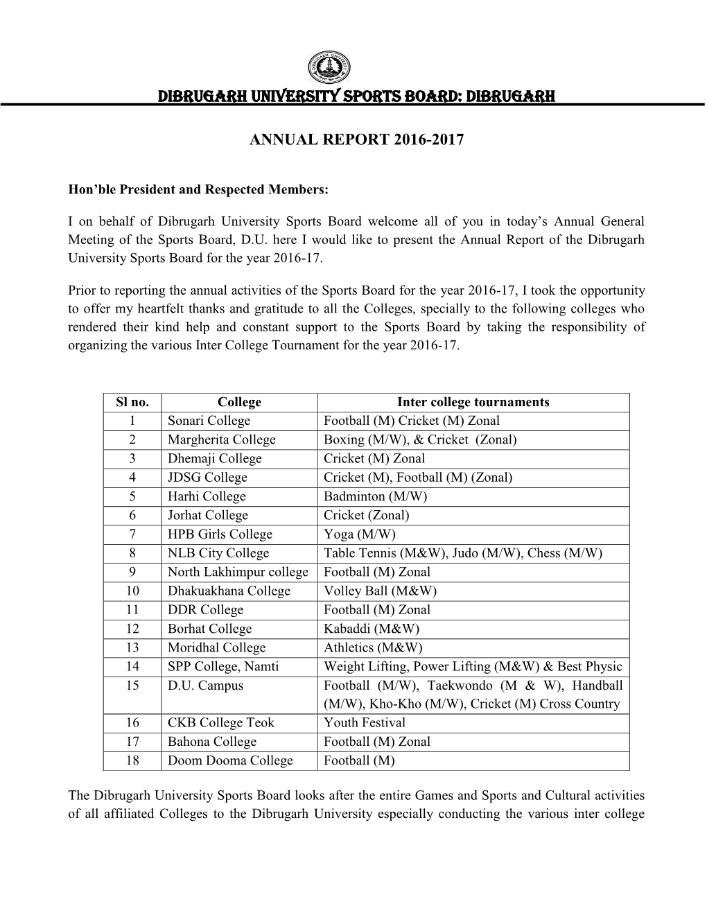 Annual Report of Sports Board, 2016-2017