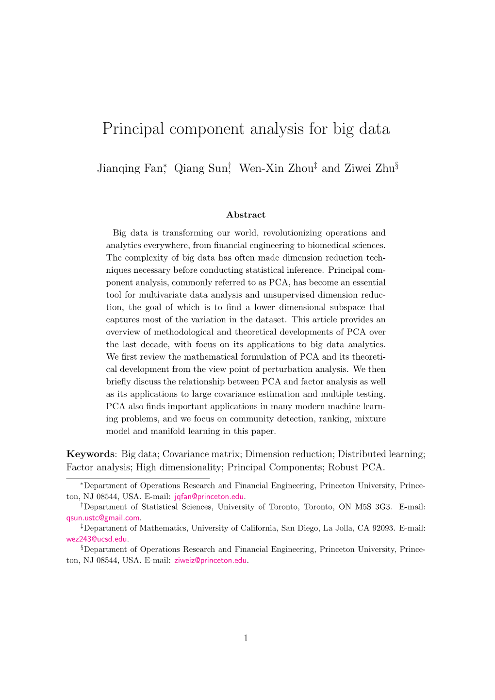Principal Component Analysis for Big Data