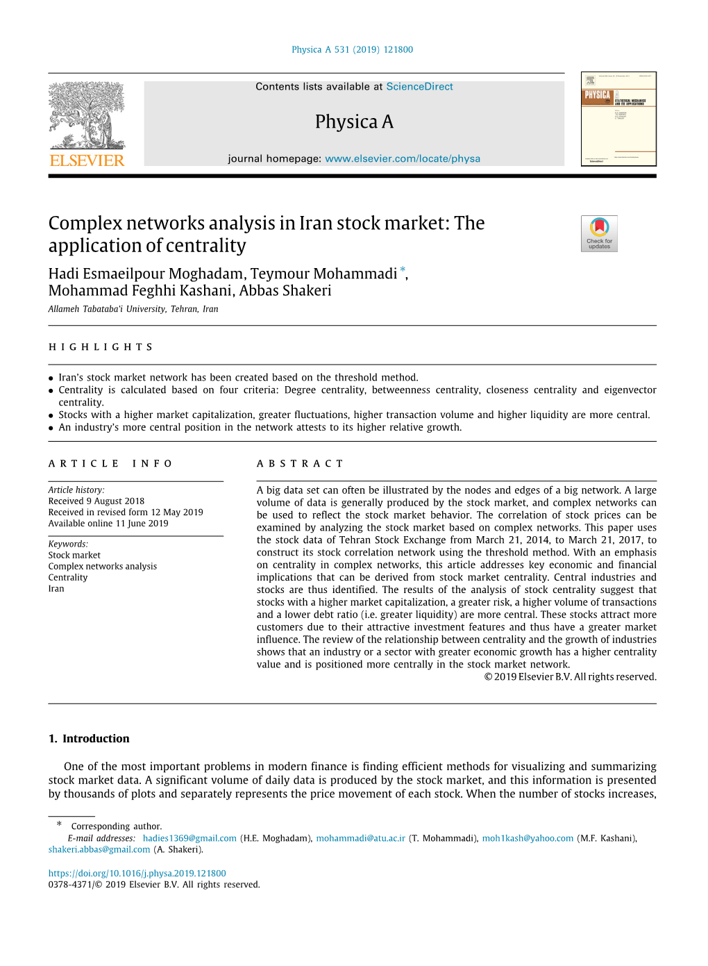 Physica a Complex Networks Analysis in Iran Stock Market