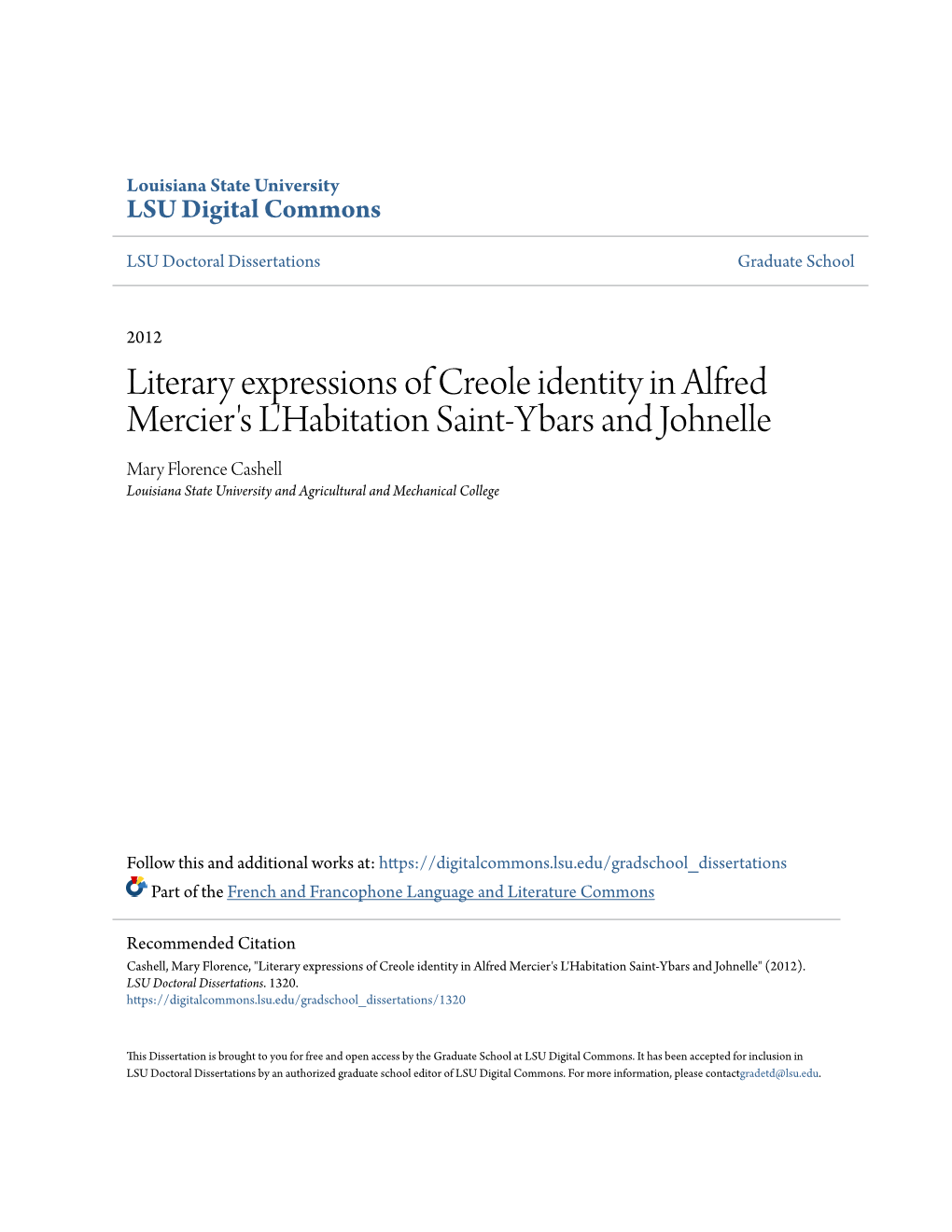 Literary Expressions of Creole Identity in Alfred Mercier's L'habitation