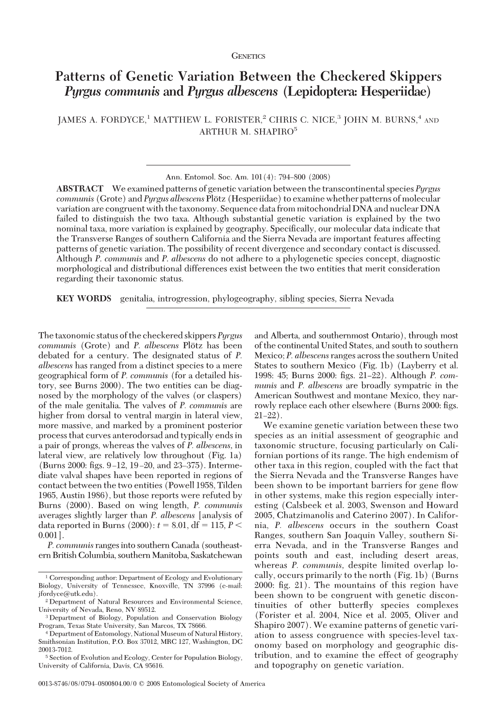 Patterns of Genetic Variation Between the Checkered Skippers Pyrgus Communis and Pyrgus Albescens (Lepidoptera: Hesperiidae)