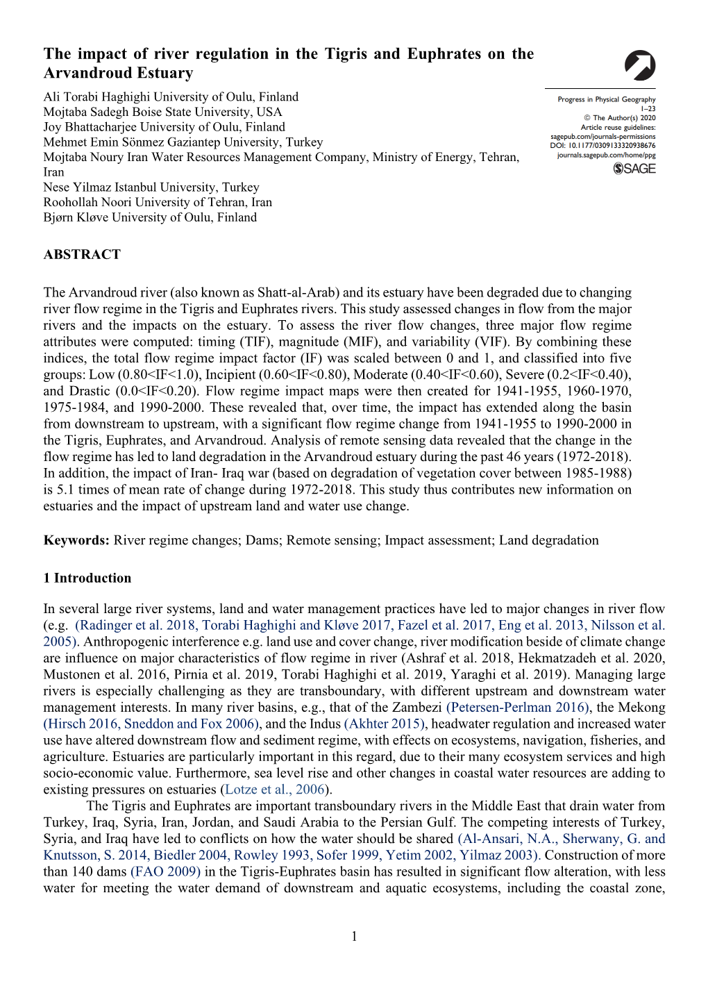 The Impact of River Regulation in the Tigris and Euphrates on the Arvandroud Estuary