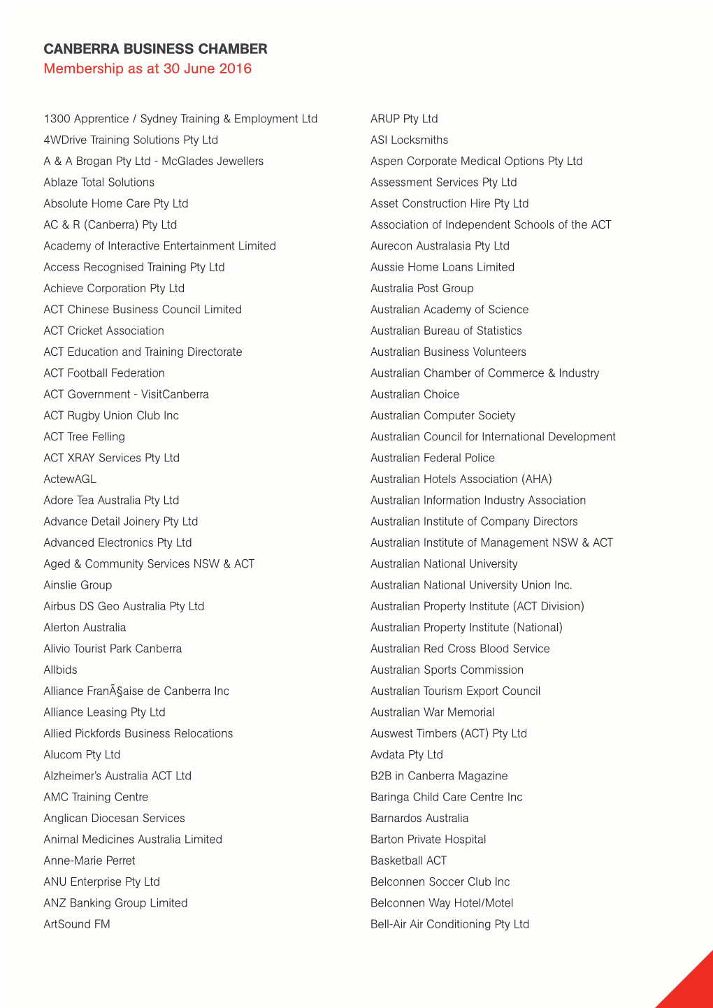 CANBERRA BUSINESS CHAMBER Membership As at 30 June 2016