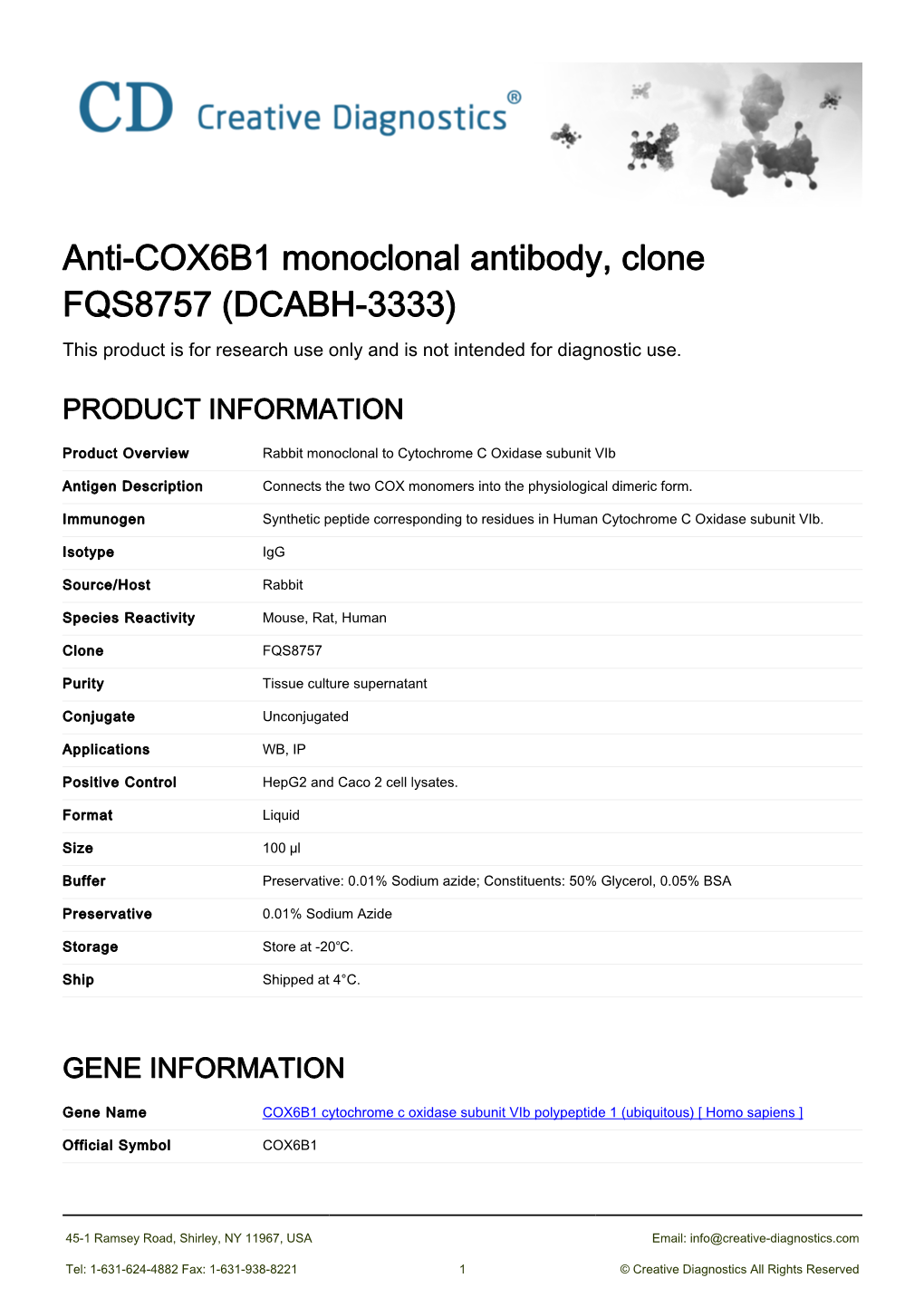 Anti-COX6B1 Monoclonal Antibody, Clone FQS8757 (DCABH-3333) This Product Is for Research Use Only and Is Not Intended for Diagnostic Use
