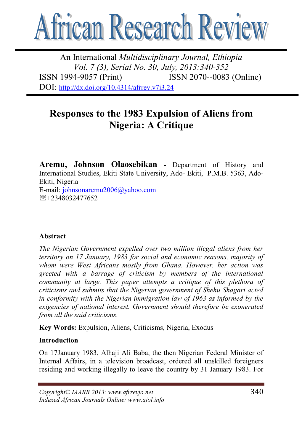 Responses to the 1983 Expulsion of Aliens from Nigeria: a Critique
