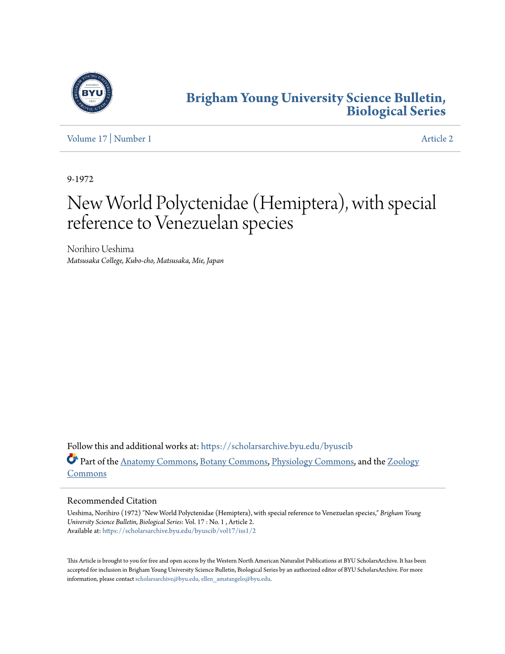 New World Polyctenidae (Hemiptera), with Special Reference to Venezuelan Species Norihiro Ueshima Matsusaka College, Kubo-Cho, Matsusaka, Mie, Japan