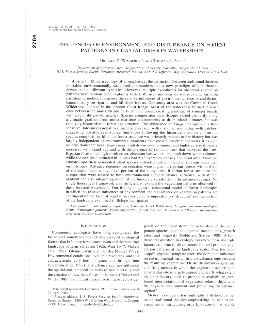 Influences of Environment and Disturbance on Forest Patterns in Coastal Oregon Watersheds