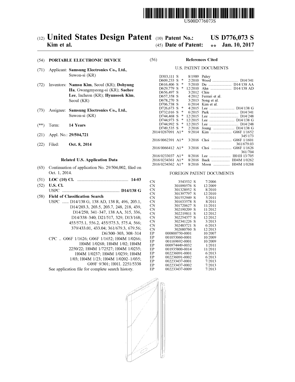 (12) United States Design Patent (10) Patent No.: US D776,073S Kim Et Al