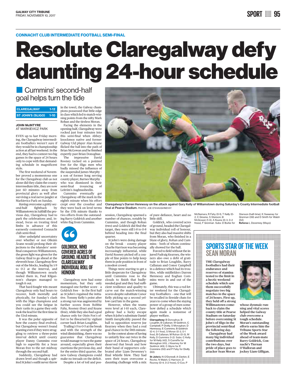 Resolute Claregalway Defy Daunting 24-Hour Schedule ■ Cummins’ Second-Half Goal Helps Turn the Tide