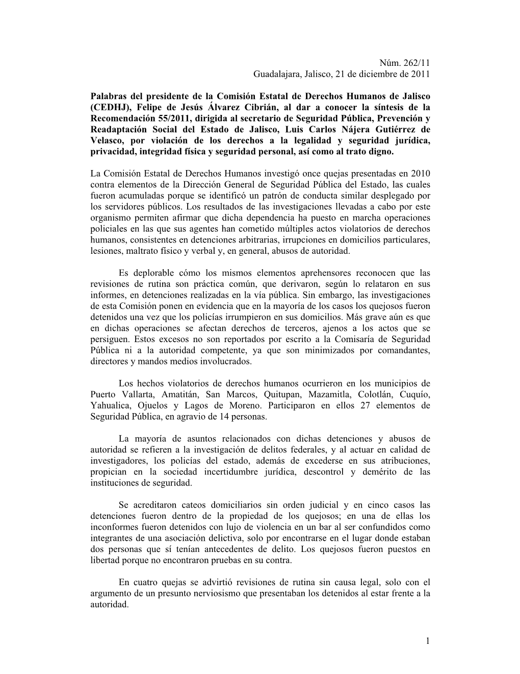 1 Núm. 262/11 Guadalajara, Jalisco, 21 De Diciembre De 2011 Palabras