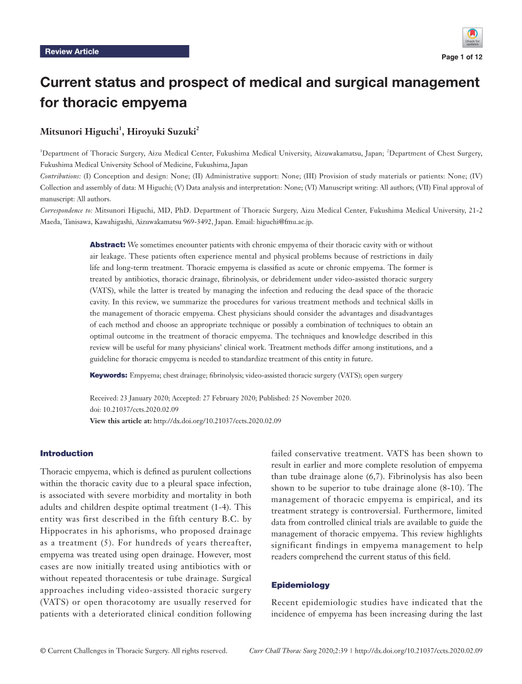 Current Status and Prospect of Medical and Surgical Management for Thoracic Empyema