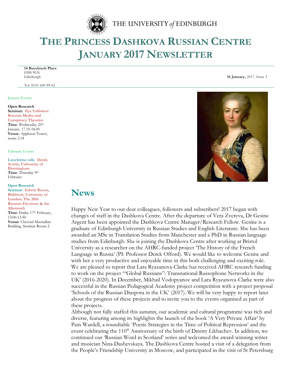 The Princess Dashkova Russian Centre January 2017 Newsletter