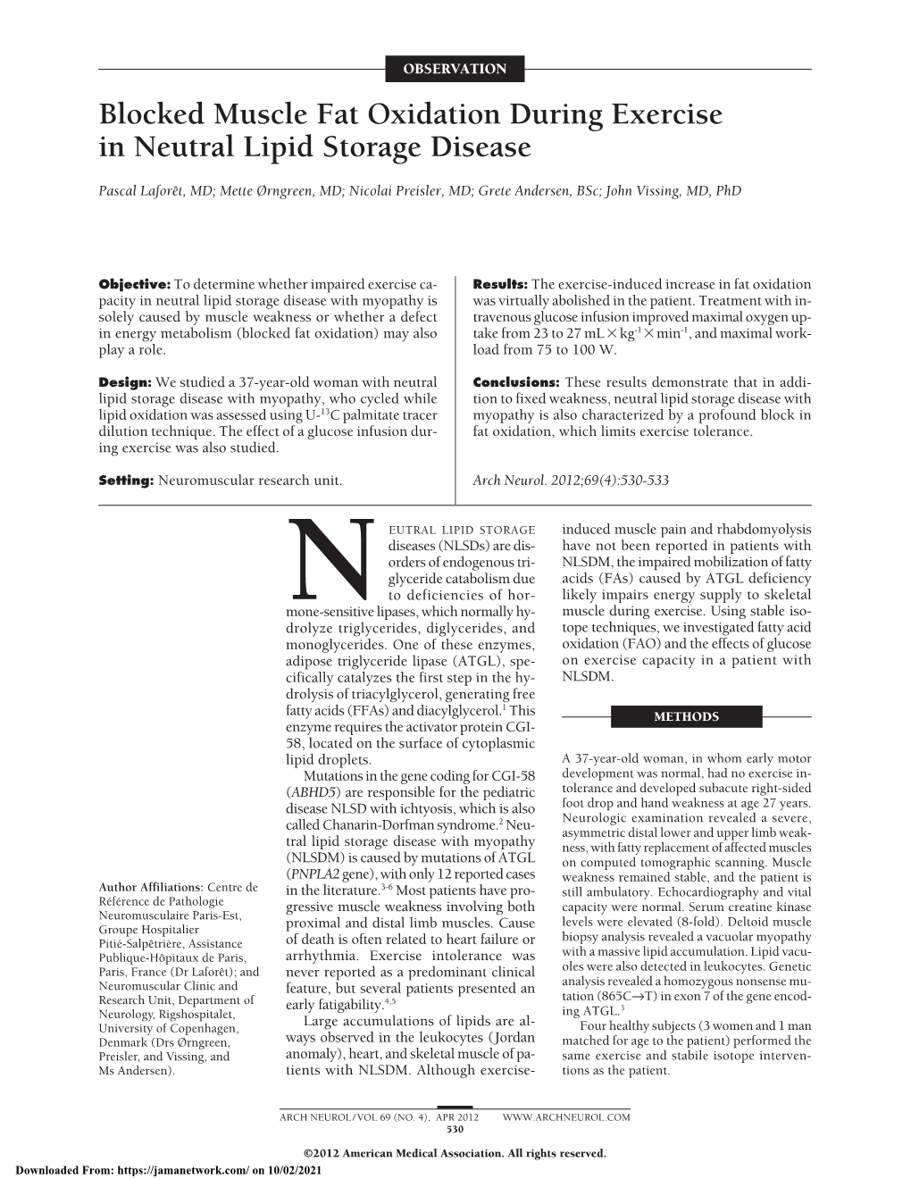 Blocked Muscle Fat Oxidation During Exercise in Neutral Lipid Storage Disease