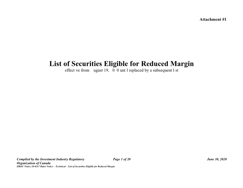List of Securities Eligible for Reduced Margin [Effective from August 19, 2020 Until Replaced by a Subsequent List]