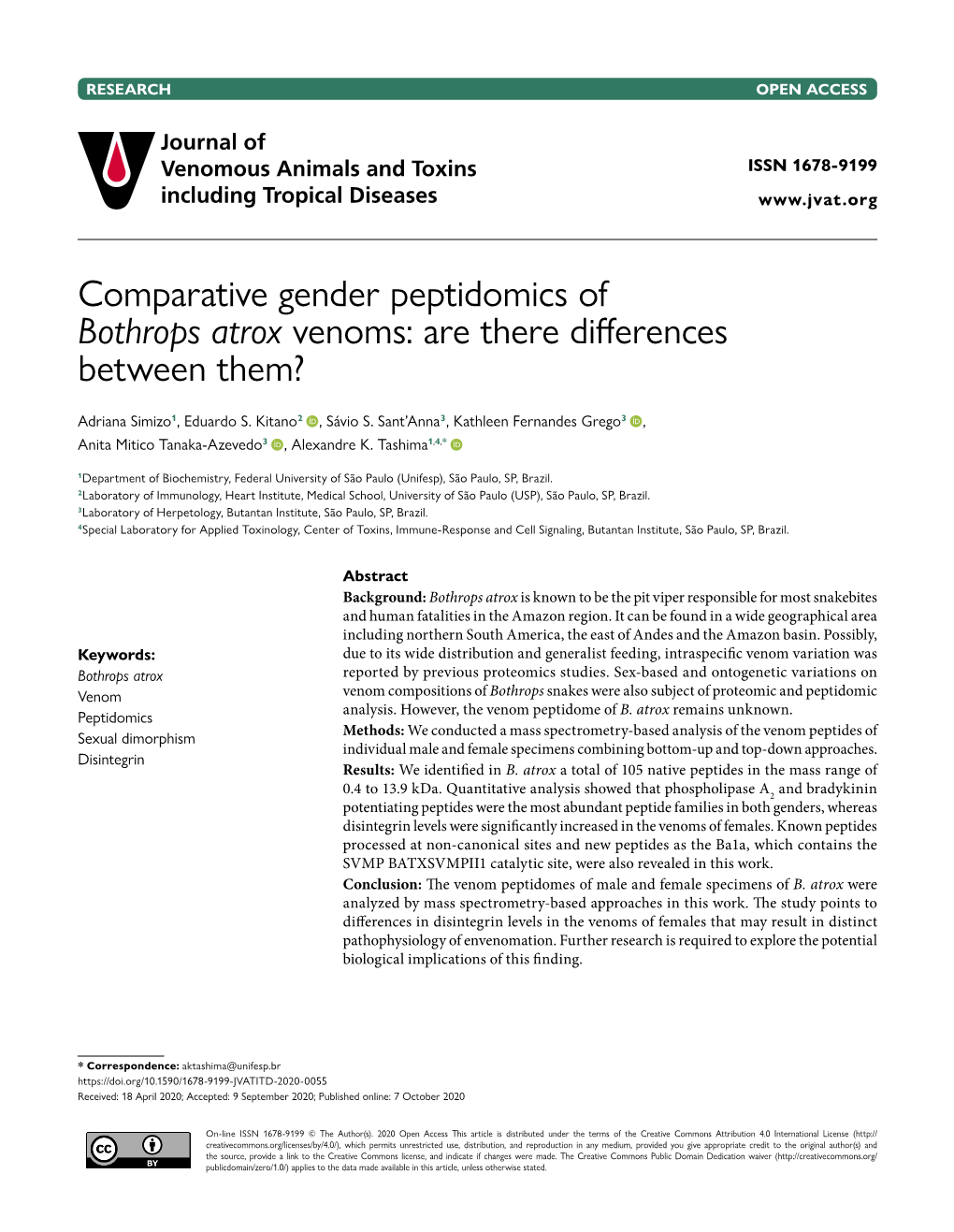 Comparative Gender Peptidomics of Bothrops Atrox Venoms: Are There Differences Between Them?