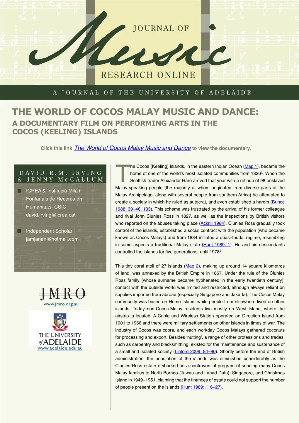 The World of Cocos Malay Music and Dance: a Documentary Film on Performing Arts in the Cocos (Keeling) Islands