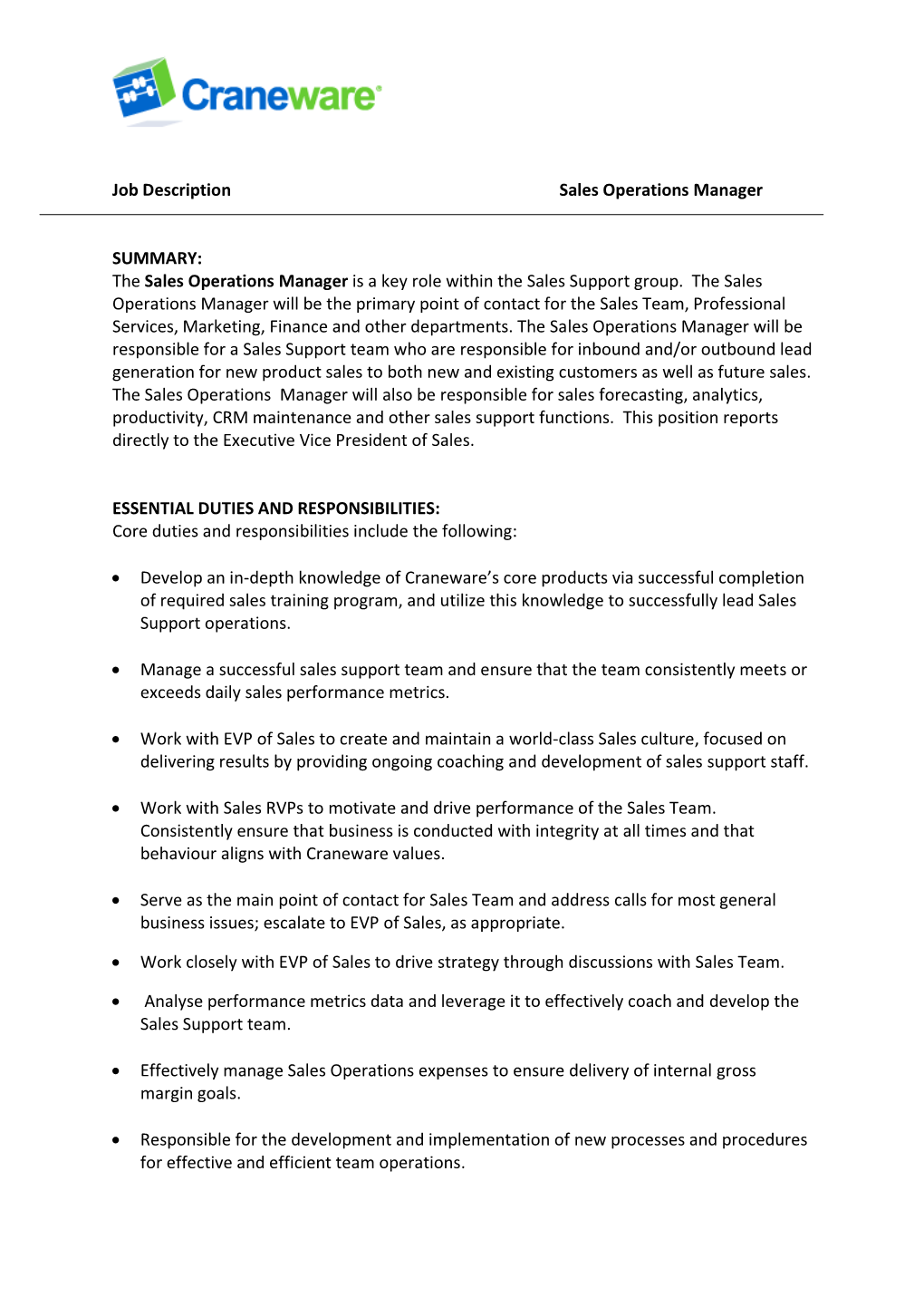 Job Description Sales Operations Manager SUMMARY