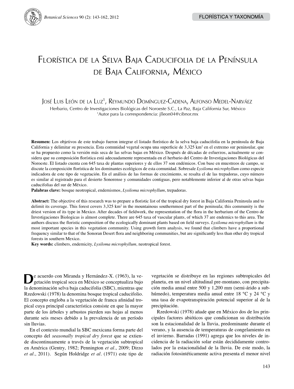 Florística De La Selva Baja Caducifolia De La Península De Baja California, México