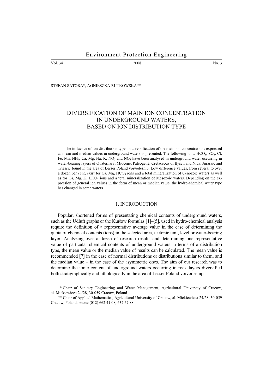 Diversification of Main Ion Concentration in Underground Waters, Based on Ion Distribution Type