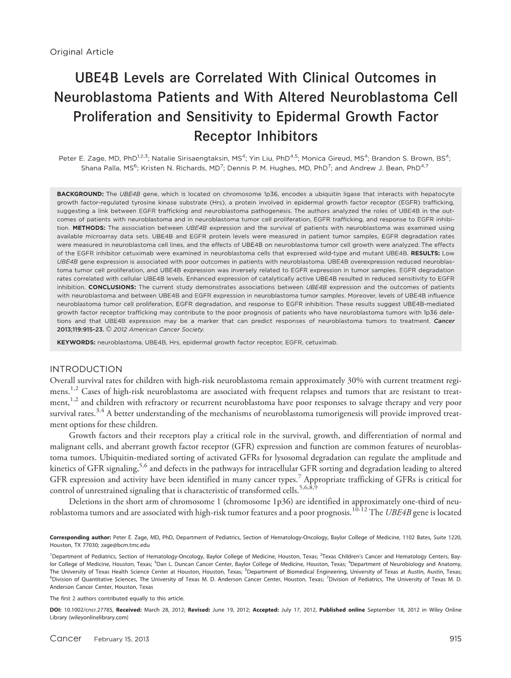 UBE4B Levels Are Correlated with Clinical Outcomes In