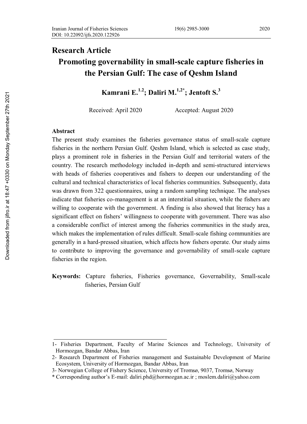 Research Article:Promoting Governability in Small-Scale Capture Fisheries in the Persian Gulf: the Case of Qeshm Island