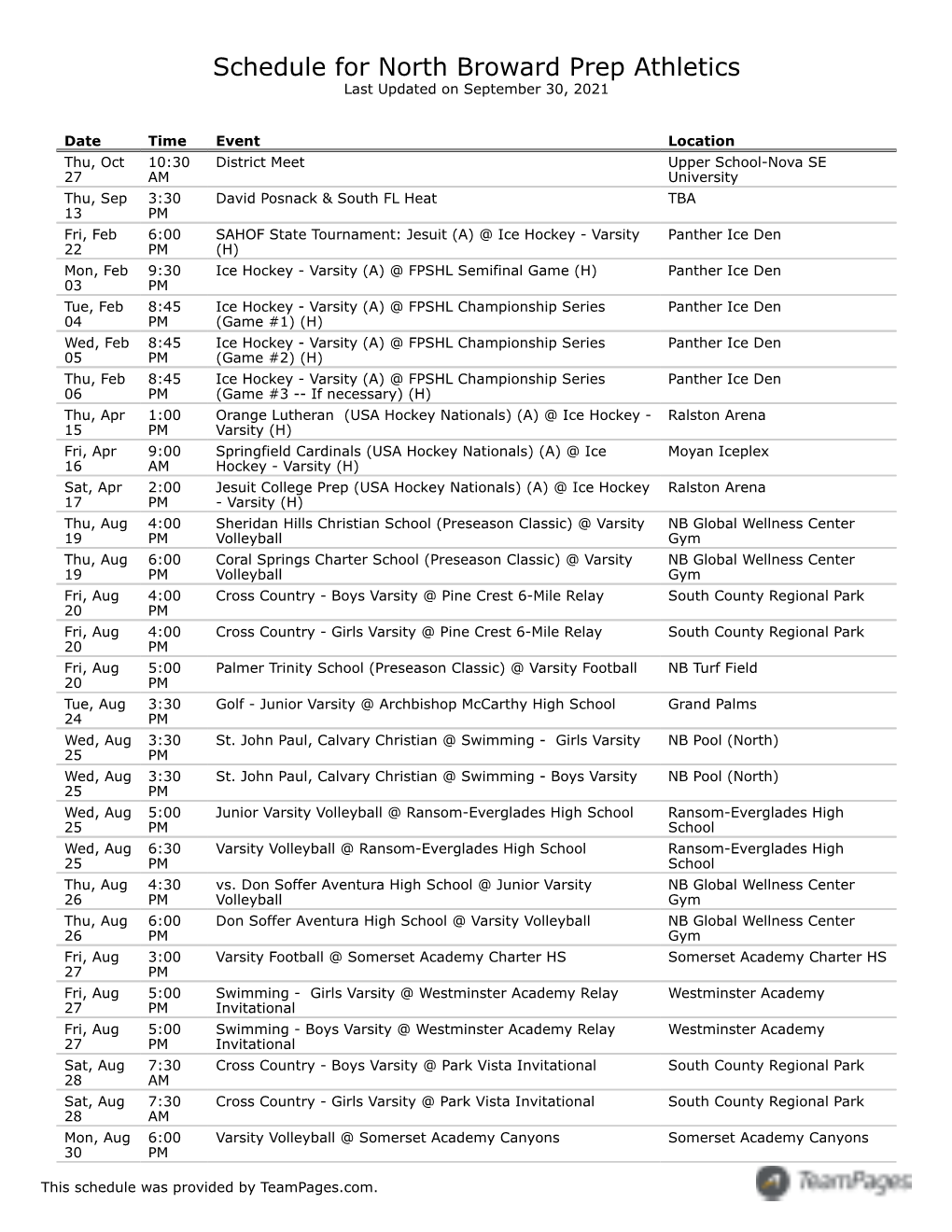 Schedule for North Broward Prep Athletics Last Updated on September 30, 2021