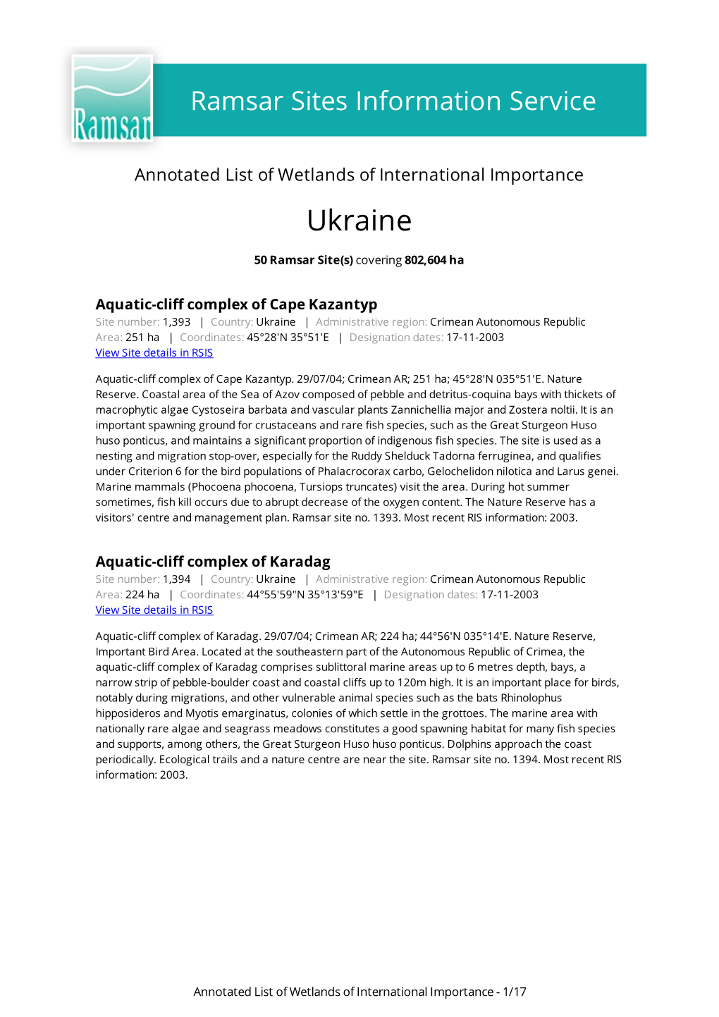 Annotated List of Wetlands of International Importance Ukraine