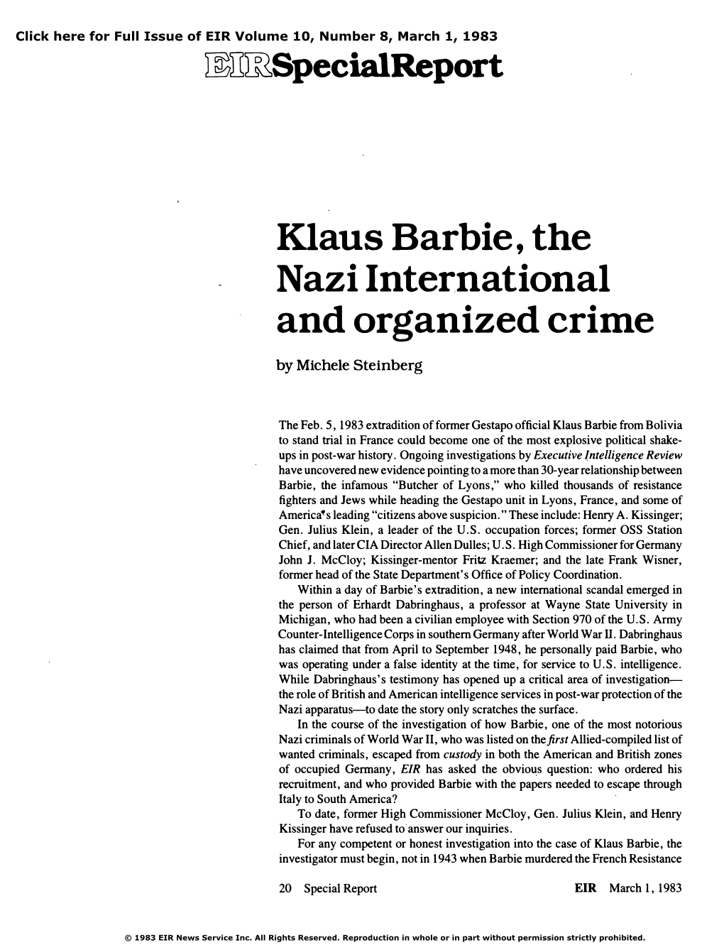 Klaus Barbie, the Nazi International, and Organized Crime