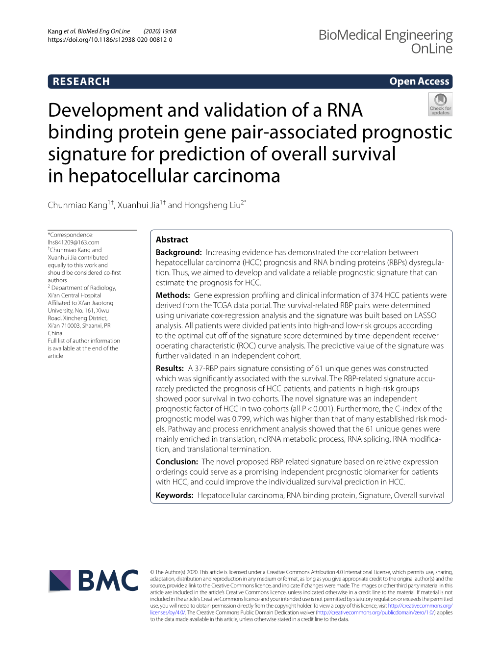 Development and Validation of a RNA Binding Protein Gene Pair‑Associated Prognostic Signature for Prediction of Overall Survival in Hepatocellular Carcinoma
