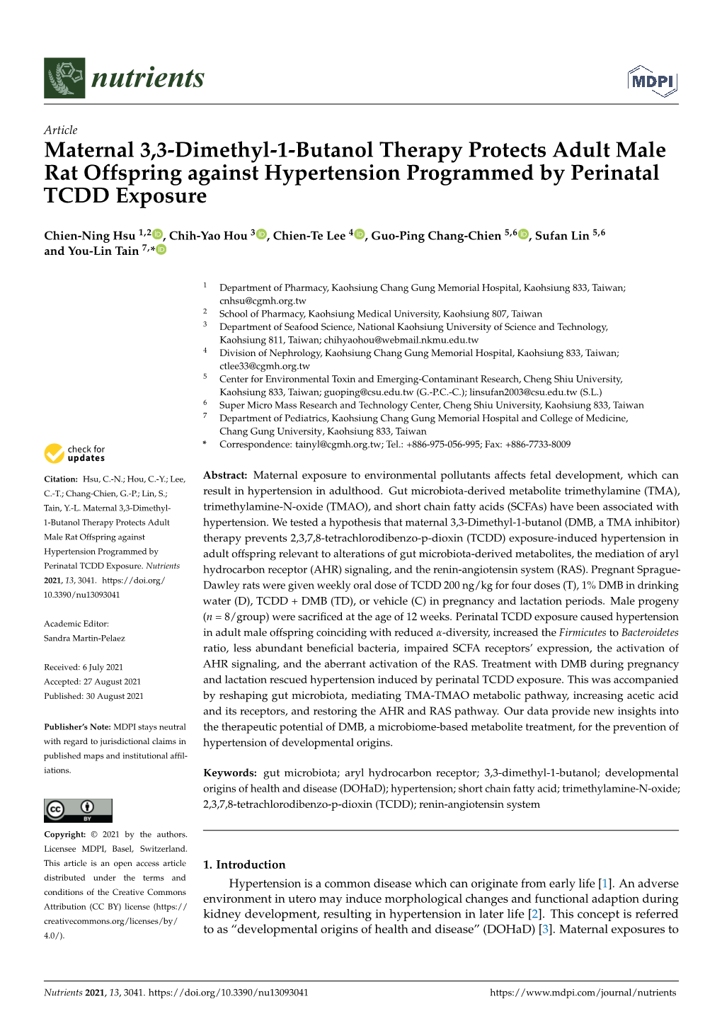 Maternal 3,3-Dimethyl-1-Butanol Therapy Protects Adult Male Rat Offspring Against Hypertension Programmed by Perinatal TCDD Exposure