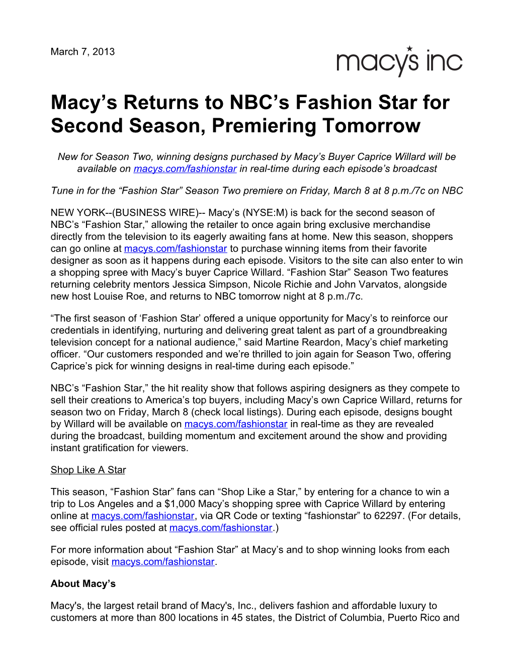 Macy's Returns to NBC's Fashion Star for Second Season, Premiering