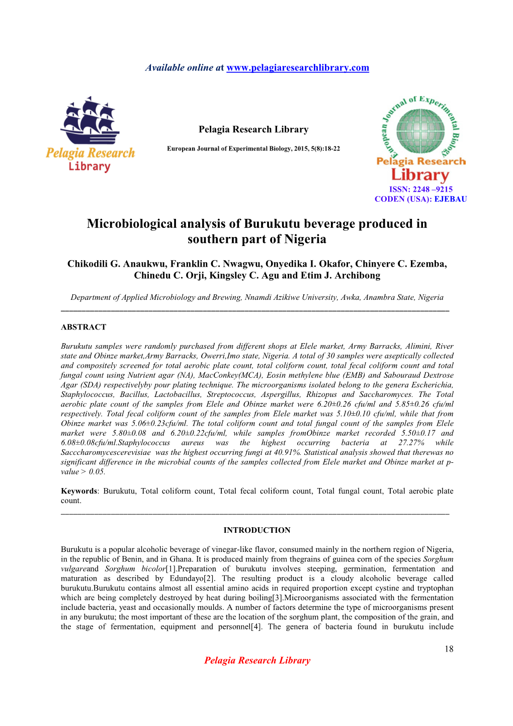 Microbiological Analysis of Burukutu Beverage Produced in Southern Part of Nigeria