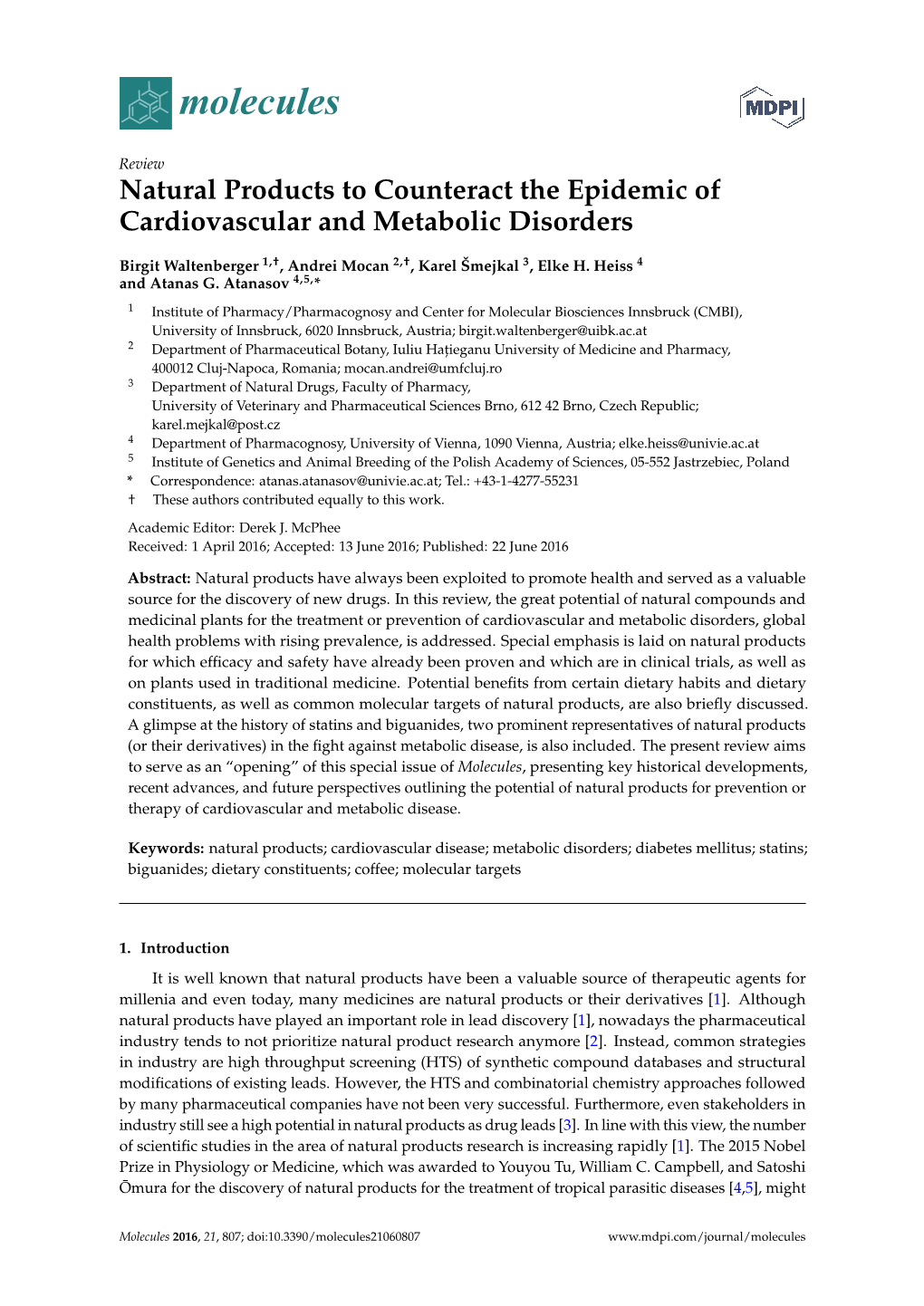 Natural Products to Counteract the Epidemic of Cardiovascular and Metabolic Disorders