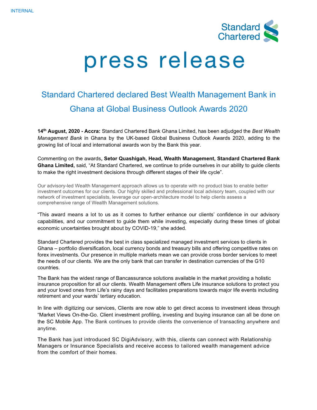 Standard Chartered Declared Best Wealth Management Bank in Ghana at Global Business Outlook Awards 2020