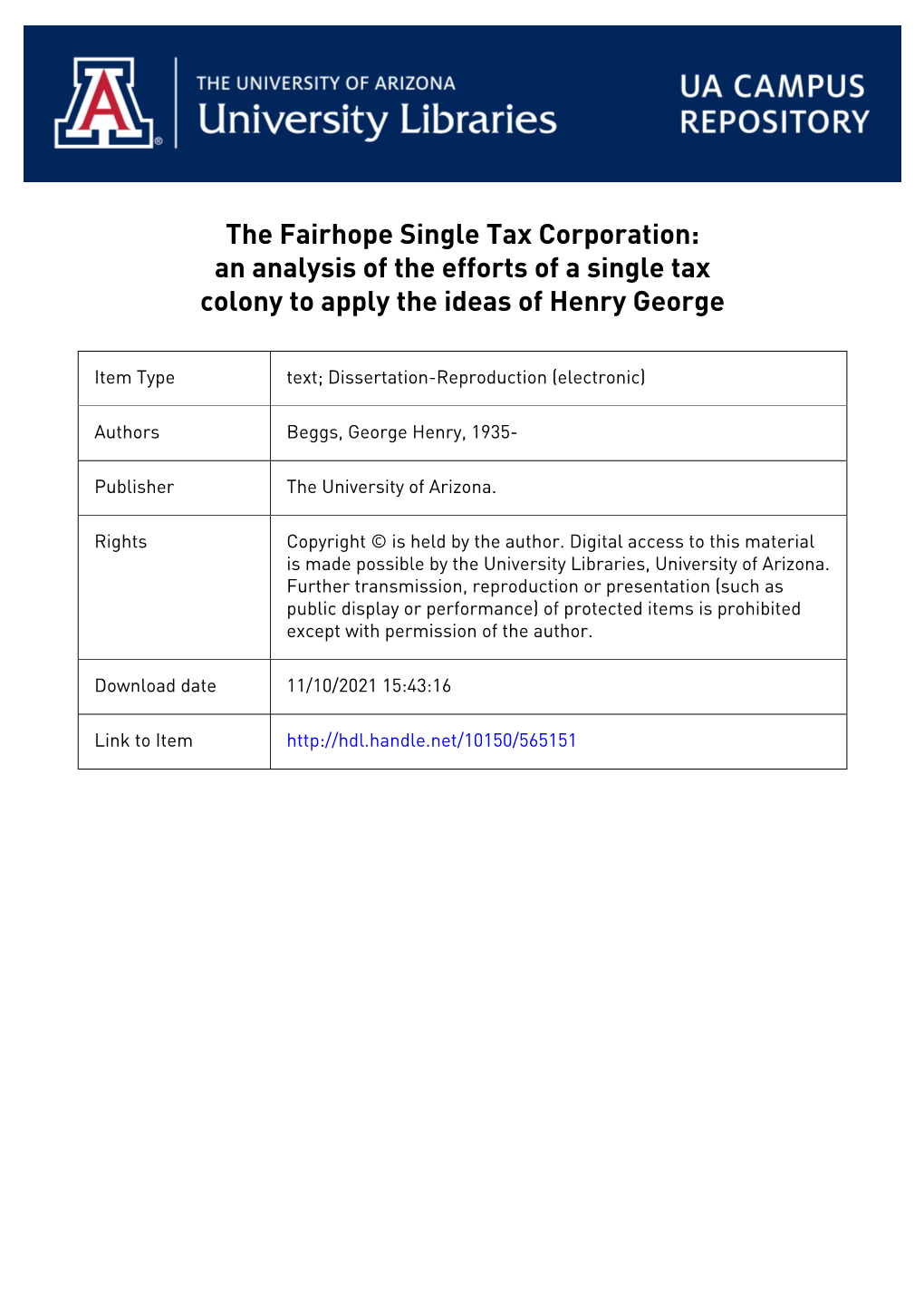 An Analysis of the Efforts of a Single Tax' Colony To