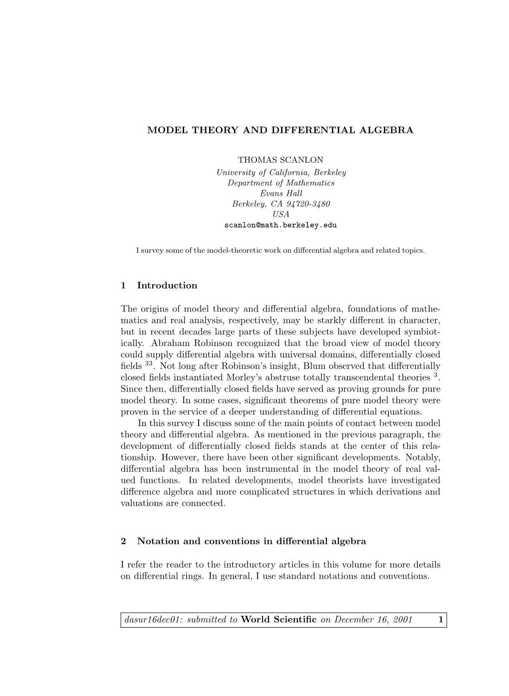 MODEL THEORY and DIFFERENTIAL ALGEBRA 1 Introduction the Origins of Model Theory and Differential Algebra, Foundations of Mathe