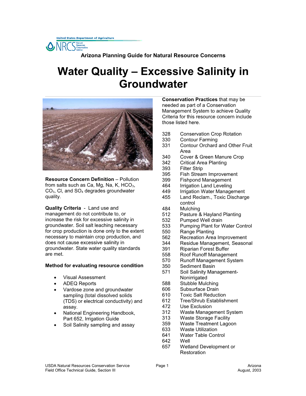 Water Quality Excessive Salinity in Groundwater