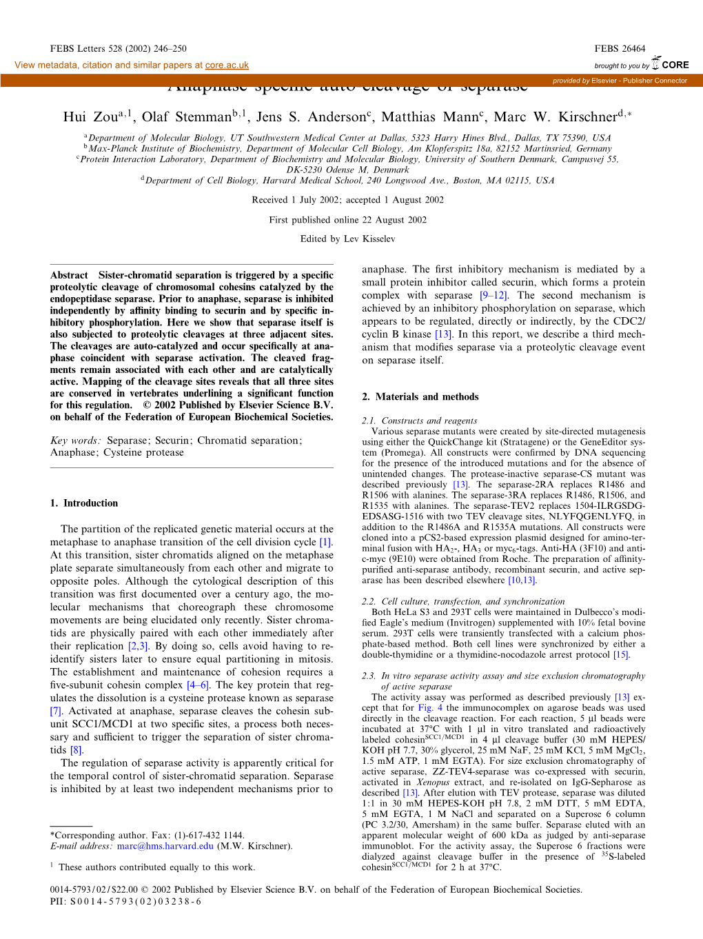 Anaphase Speci¢C Auto-Cleavage of Separase Provided by Elsevier - Publisher Connector