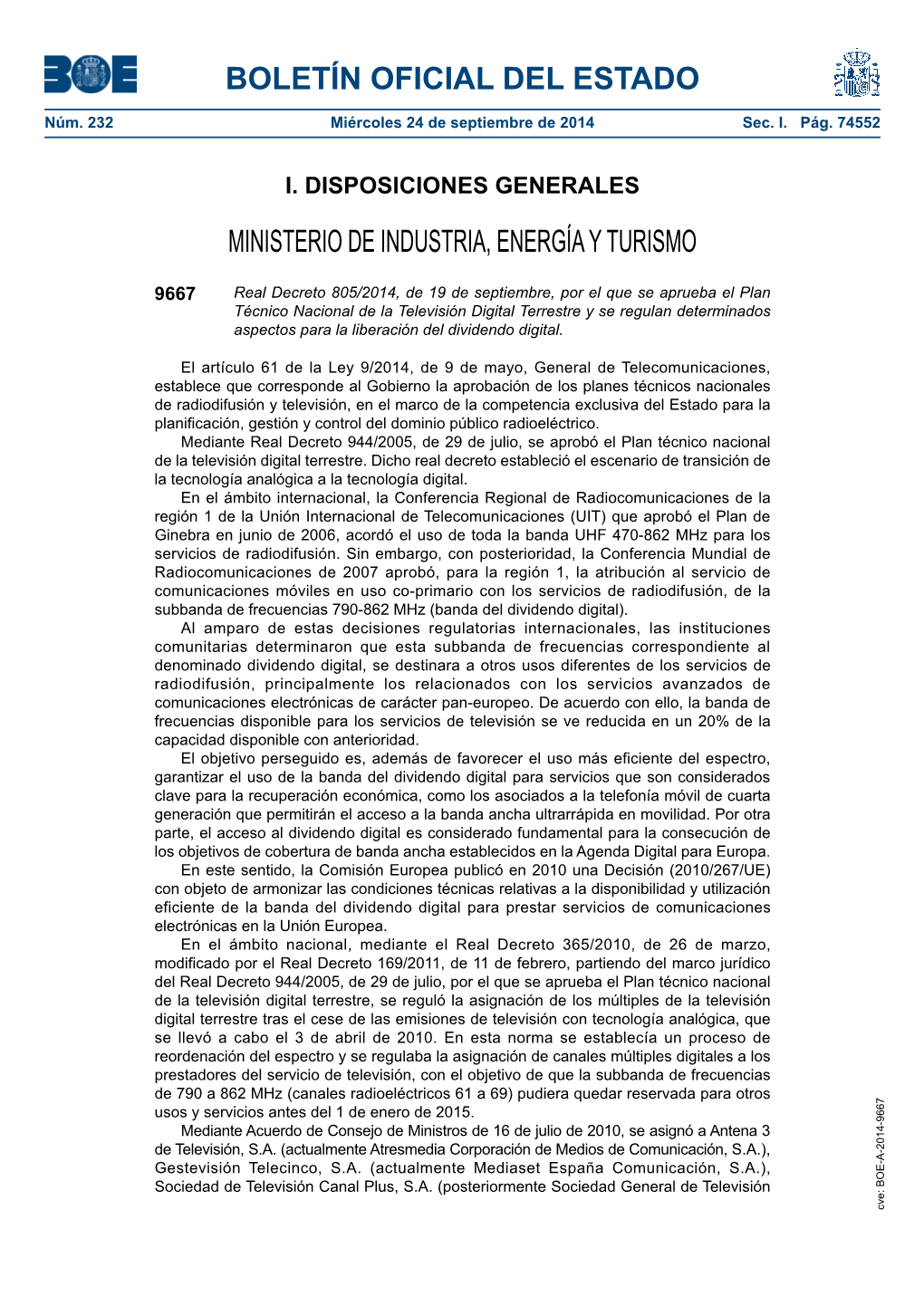 Plan Técnico Nacional De La Televisión Digital Terrestre Y Se Regulan Determinados Aspectos Para La Liberación Del Dividendo Digital