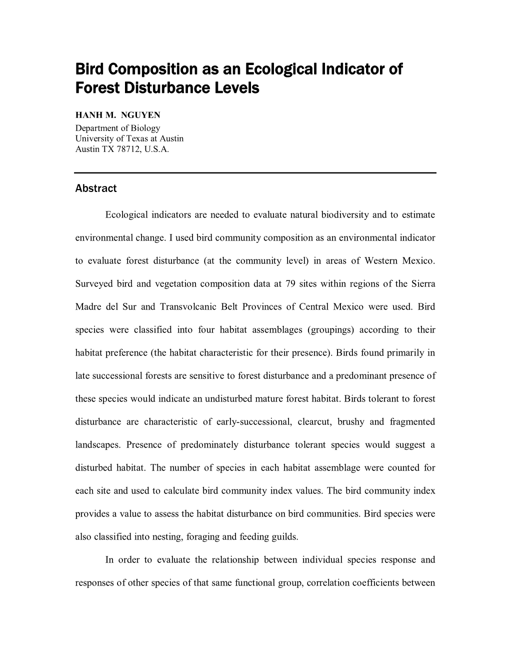 Bird Composition As an Ecological Indicator of Forest Disturbance Levels